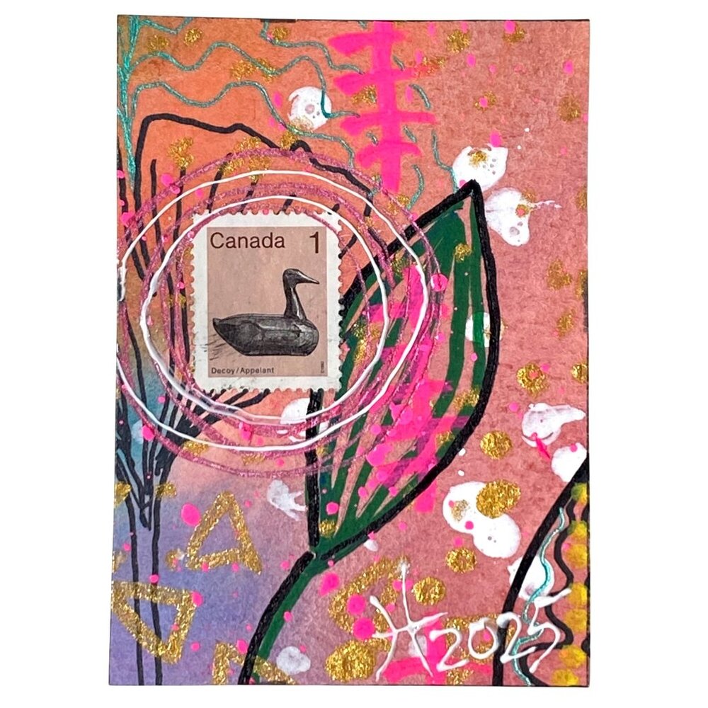 ACEO Original Art Acrylic Collage Mixed Media 3D 1986 Canada Postage Stamp ATC
